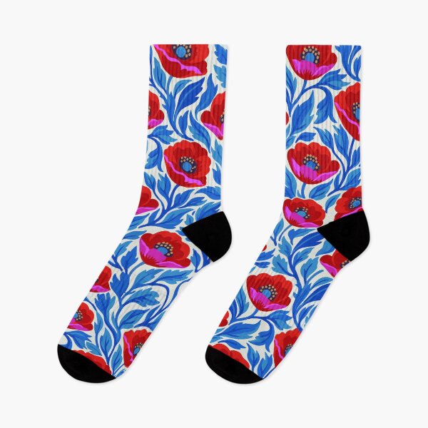 Item preview, Vibrant Red Poppy & Electric Blue Floral Folk Art Pattern designed and sold by Far Out Goods.