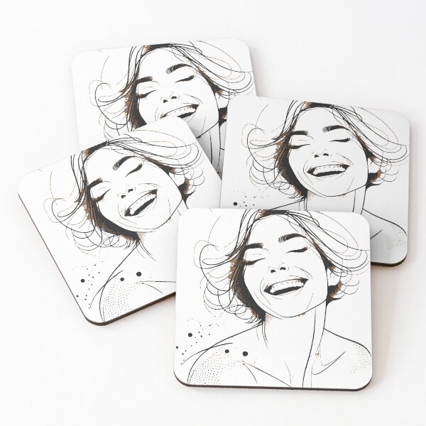Item preview, Hand-drawn portrait illustration of a joyful smiling woman rendered in ink lines and splatter accents, conveying happiness, freedom, designed and sold by Dejbar.