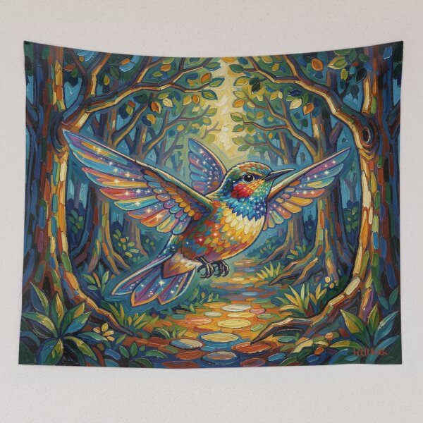 Item preview, Vibrant Hummingbird Flight – Colorful Fantasy Bird in Enchanted Forest designed and sold by FotoworldEdel.