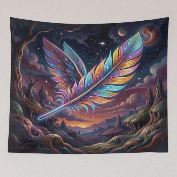 Item preview, Cosmic Feather Dream – Vibrant Fantasy Light in a Surreal Landscape designed and sold by FotoworldEdel.