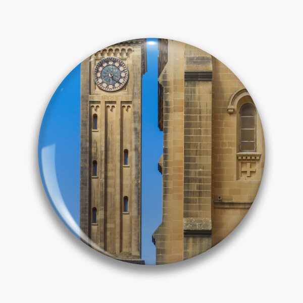 Item preview, Historic Church Clock Tower And Stone Facade Against Clear Blue Sky, Mediterranean Architecture designed and sold by Nmallia.