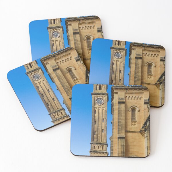 Item preview, Historic Church Clock Tower And Stone Facade Against Clear Blue Sky, Mediterranean Architecture designed and sold by Nmallia.