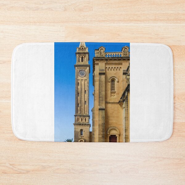 Item preview, Historic Church Clock Tower And Stone Facade Against Clear Blue Sky, Mediterranean Architecture designed and sold by Nmallia.
