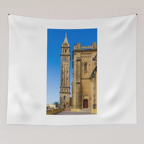 Item preview, Historic Church Clock Tower And Stone Facade Against Clear Blue Sky, Mediterranean Architecture designed and sold by Nmallia.