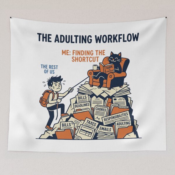 Item preview, Funny Adulting Workflow: Stressed Human vs. Chill Cat designed and sold by Echo-Draw.
