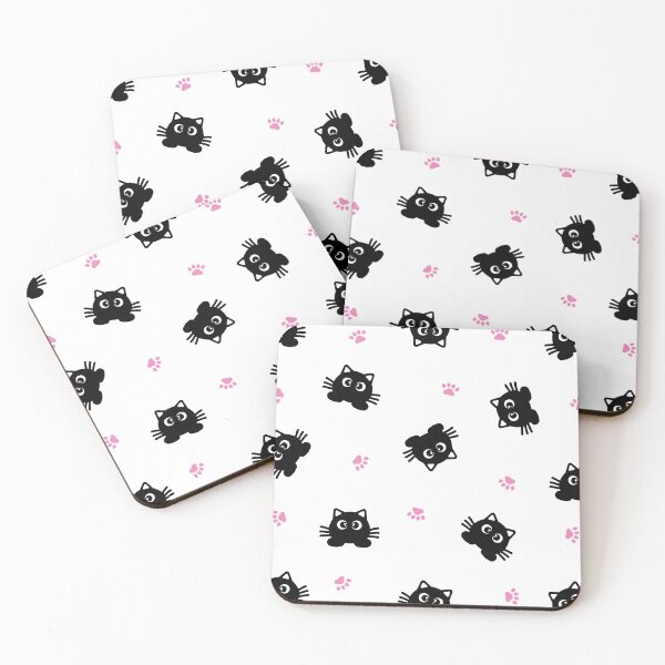 Item preview, Cute black cat patterns and pink paw prints float around on white background. designed and sold by Nengsang.