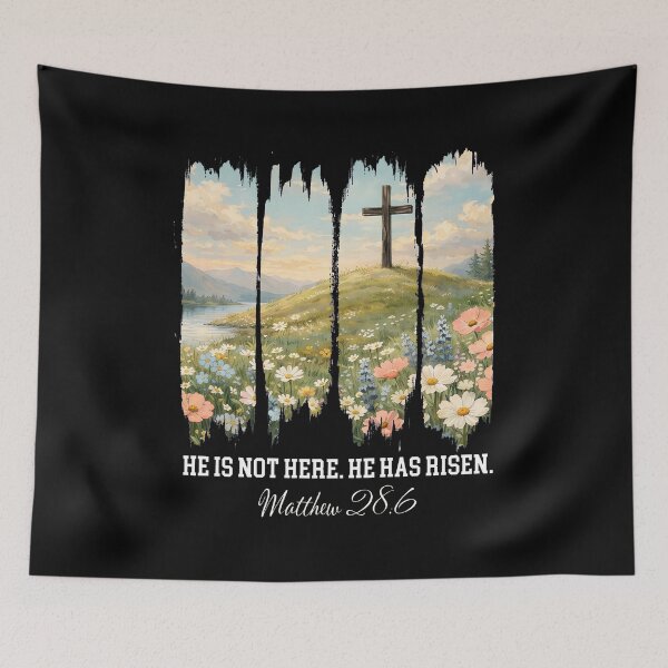 Item preview, He Is Not Here He Has Risen T-Shirt | Matthew 28:6 Easter Resurrection Floral Landscape Tee | Watercolor Faith Apparel designed and sold by Dmo3HarkoArt.
