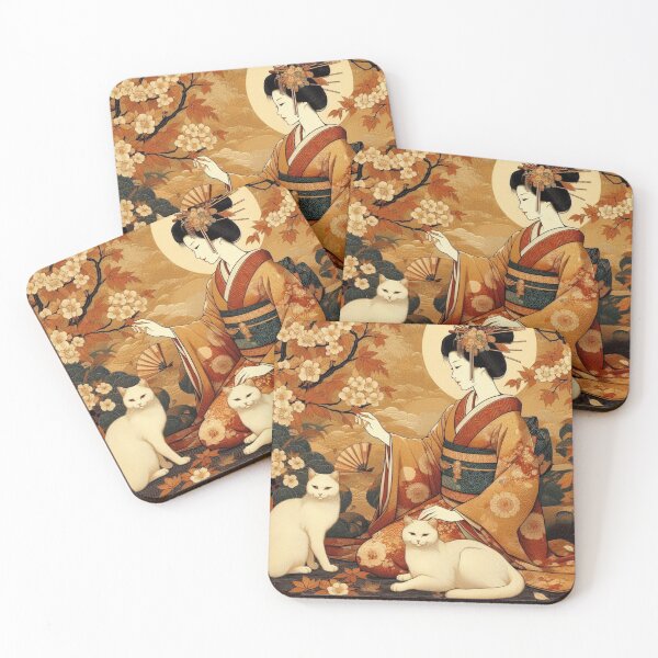 Item preview, Vintage Japanese Lady with White Cats and Cherry Blossoms designed and sold by Soluna Studio.