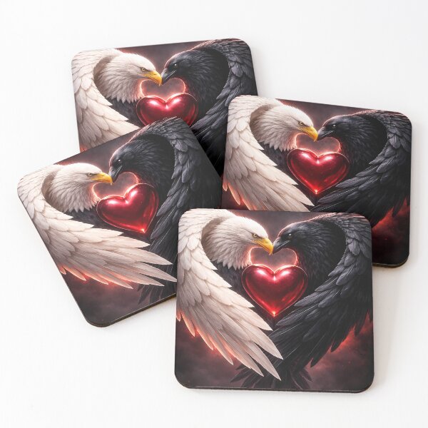 Item preview, White Eagle and Black Raven Wings Forming A Heart Around A Glowing Red Gem designed and sold by Dreamy Armine Art.