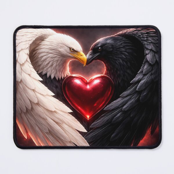 Item preview, White Eagle and Black Raven Wings Forming A Heart Around A Glowing Red Gem designed and sold by Dreamy Armine Art.