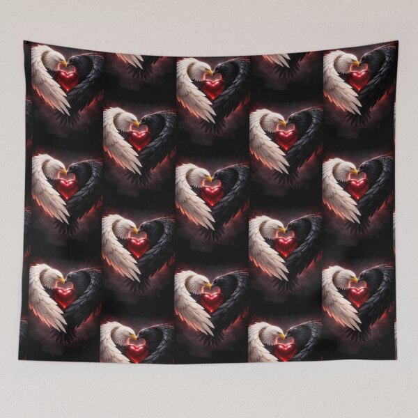 Item preview, White Eagle and Black Raven Wings Forming A Heart Around A Glowing Red Gem designed and sold by Dreamy Armine Art.