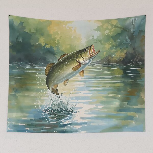 Item preview, Watercolor Bass Jumping in Tranquil Forest Lake designed and sold by Gear Camel.