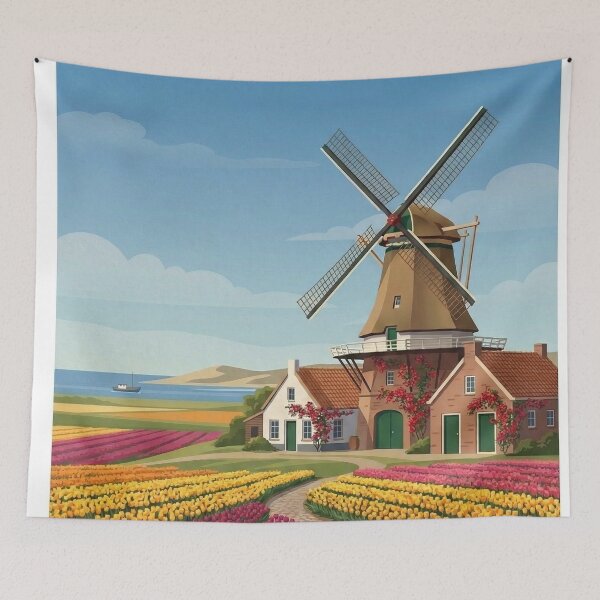 Item preview, Vintage Netherlands Travel Poster - Windmill and Tulips - Keukenhof designed and sold by varunmav.