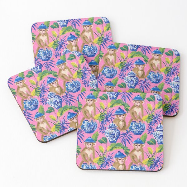 Item preview, Preppy, Grandmillennial monkeys and ginger jars on pink designed and sold by SophieClimaArt.