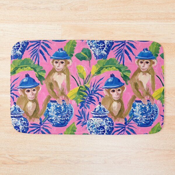 Item preview, Preppy, Grandmillennial monkeys and ginger jars on pink designed and sold by SophieClimaArt.