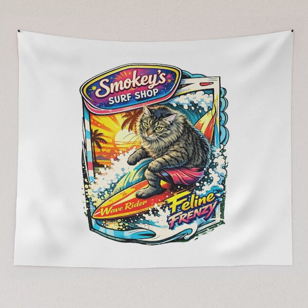 Item preview, Smokey’s Surf Shop Cat Surfer Wave Rider Retro Poster Vibrant Coastal Vibes designed and sold by Thread-Riot.