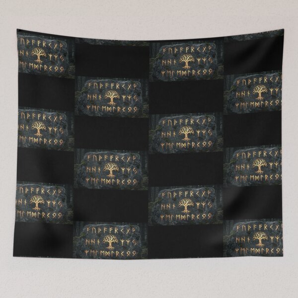 Item preview, Weathered Runic Futhark Stone - Glowing Gold Yggdrasil Pagan Art designed and sold by GiftzCircle.
