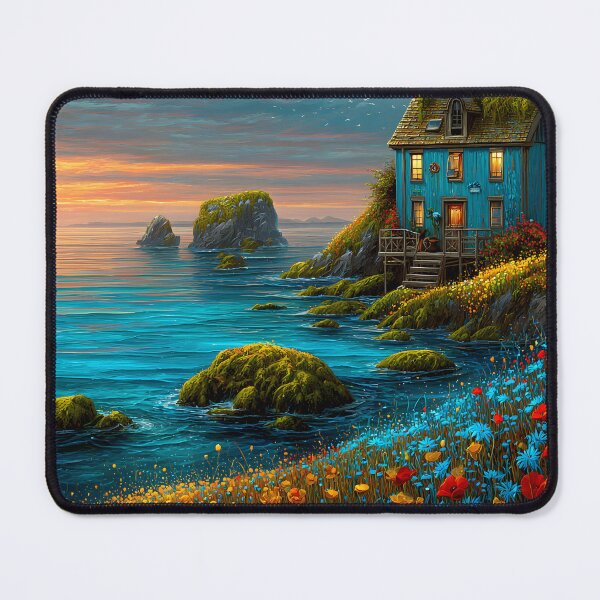 Item preview, Charming Coastal Cottage at Sunset in Blooming Nature designed and sold by Artessie.