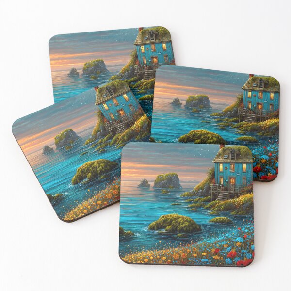 Item preview, Charming Coastal Cottage at Sunset in Blooming Nature designed and sold by Artessie.