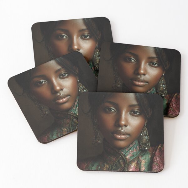 Item preview, Elegant African Beauty in Ornate Earrings & Patterned High-Collar Blouse – Dramatic Portrait designed and sold by EK-World.
