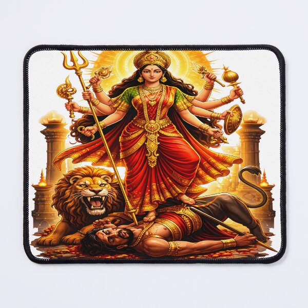 Item preview, Goddess Durga Mahishasura Mardini Victory Art – Powerful Hindu Goddess Warrior Illustration in Red and Gold Spiritual Mythology Style designed and sold by Jayara [Born To Reign].