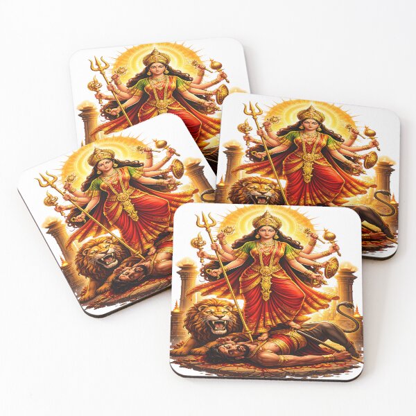Item preview, Goddess Durga Mahishasura Mardini Victory Art – Powerful Hindu Goddess Warrior Illustration in Red and Gold Spiritual Mythology Style designed and sold by Jayara [Born To Reign].