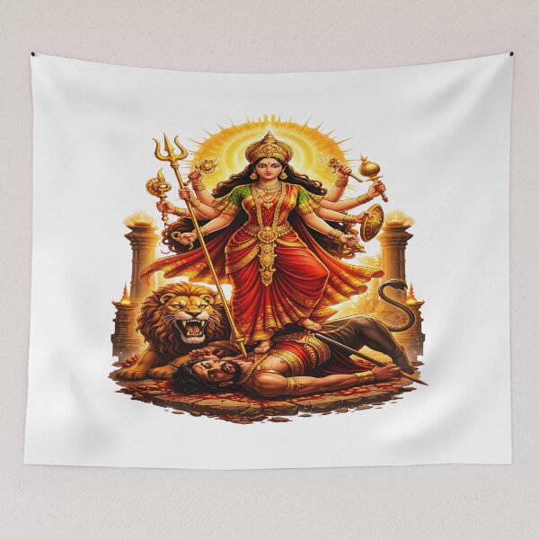 Artikelvorschau, Göttin Durga Mahishasura Mardini – Siegeskunst – Mächtige hinduistische Kriegergöttin, Illustration im Stil der spirituellen Mythologie in Rot und Gold entworfen und verkauft von Jayara [Born To Reign].