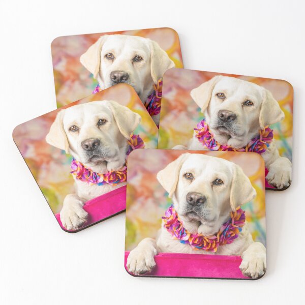 Item preview, Yellow Labrador with colorful flower collar and whimsical backdrop designed and sold by Christine Crosby - Sunlight Inspirations.