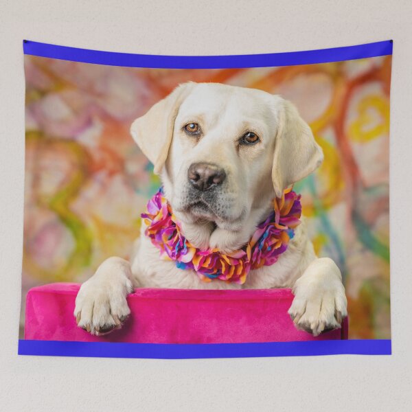 Item preview, Yellow Labrador with colorful flower collar and whimsical backdrop designed and sold by Christine Crosby - Sunlight Inspirations.