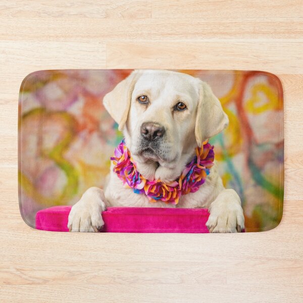 Item preview, Yellow Labrador with colorful flower collar and whimsical backdrop designed and sold by Christine Crosby - Sunlight Inspirations.
