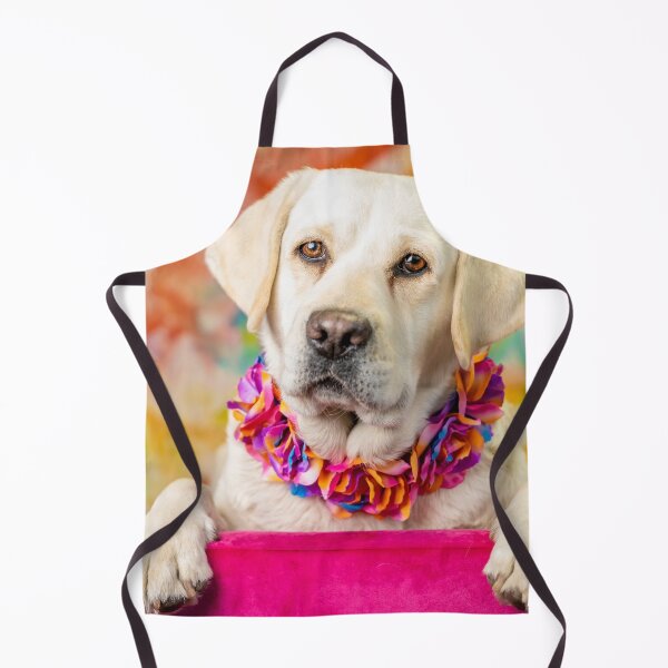Item preview, Yellow Labrador with colorful flower collar and whimsical backdrop designed and sold by Christine Crosby - Sunlight Inspirations.