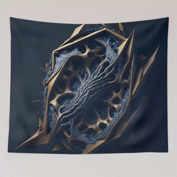 Item preview, Futuristic Biomechanical Structure - Abstract 3D Sci-Fi Tech Art in Gold and Blue designed and sold by Peter Kraaibeek | Generative Designs and Car Art.
