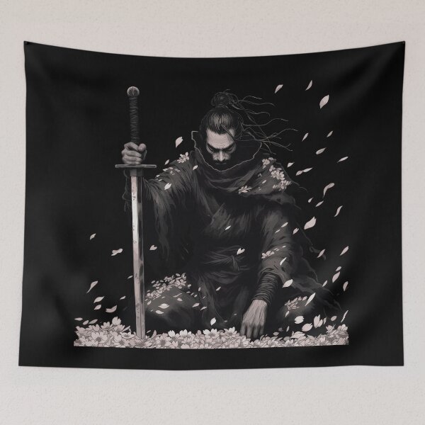 Item preview, Dark Samurai Warrior Kneeling with Sakura Petals – Japanese Aesthetic Art designed and sold by AmazingEG.