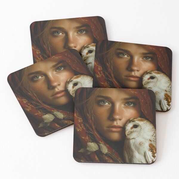 Item preview, Mystical Woman with Barn Owl – Red Headscarf Fantasy Portrait designed and sold by EK-World.