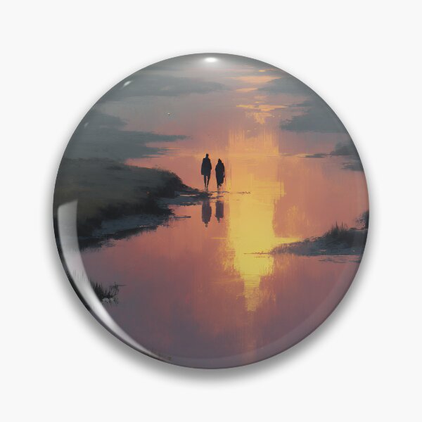 Item preview, Silhouetted Walkers in Misty Sunset Reflection – Golden Hour Tranquility designed and sold by EK-World.