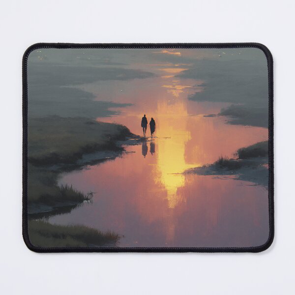Item preview, Silhouetted Walkers in Misty Sunset Reflection – Golden Hour Tranquility designed and sold by EK-World.