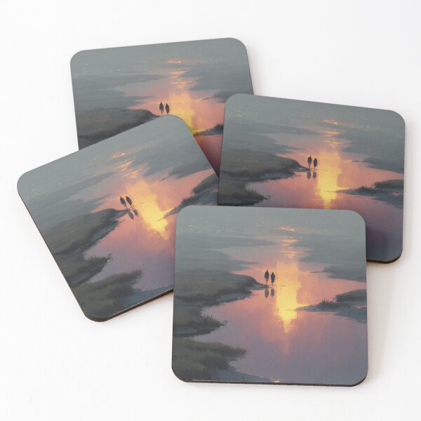Item preview, Silhouetted Walkers in Misty Sunset Reflection – Golden Hour Tranquility designed and sold by EK-World.