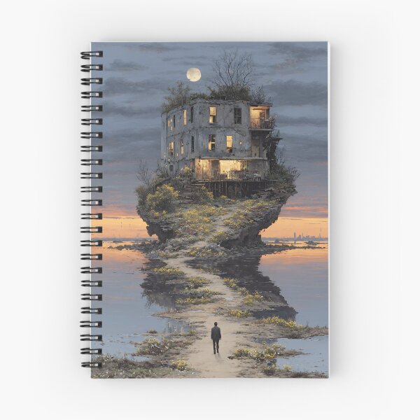 Item preview, Surreal Floating Abandoned Building on Rocky Island with Lone Walker at Dusk designed and sold by EK-World.