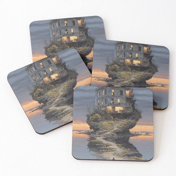 Item preview, Surreal Floating Abandoned Building on Rocky Island with Lone Walker at Dusk designed and sold by EK-World.