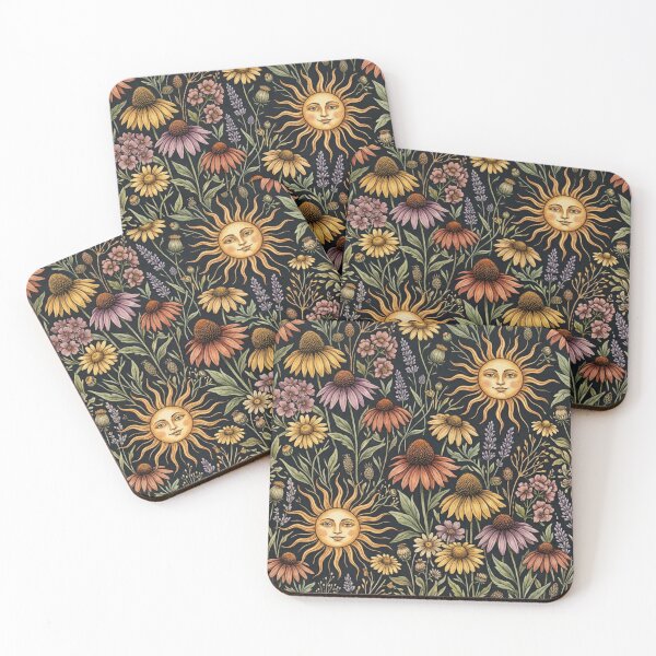 Item preview, Celestial Sun and Wildflower Pattern Dark Boho Botanical Art Print designed and sold by SezzyDesigns.