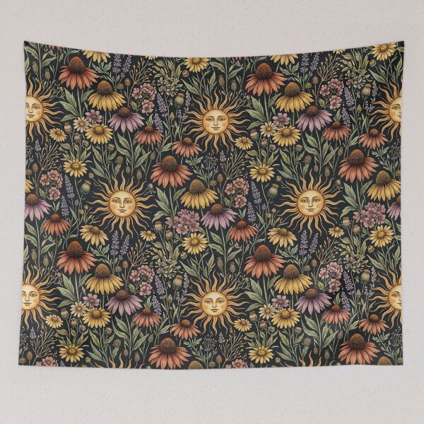 Item preview, Celestial Sun and Wildflower Pattern Dark Boho Botanical Art Print designed and sold by SezzyDesigns.