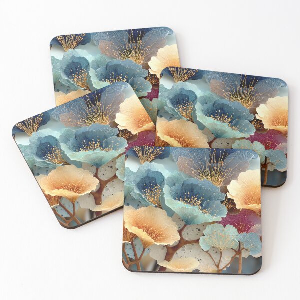 Item preview, Surreal Fantasy Flowers with Golden Stamens in Blue Teal & Orange designed and sold by EK-World.