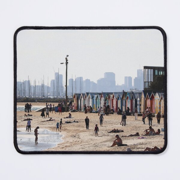 Item preview, Brighton beach boxes with Melbourne skyline in the background 2025 designed and sold by Lauren Elizabeth Photograhy AU.