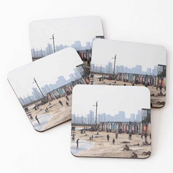 Item preview, Brighton beach boxes with Melbourne skyline in the background 2025 designed and sold by Lauren Elizabeth Photograhy AU.