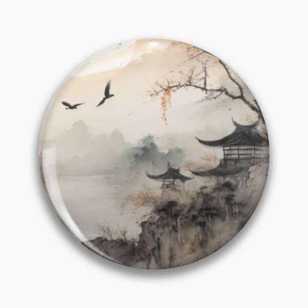 Item preview, Restored Japanese Ink Wash Art – Misty Temple Landscape designed and sold by DoodleDarling.
