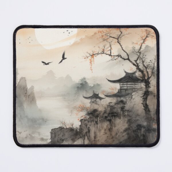 Item preview, Restored Japanese Ink Wash Art – Misty Temple Landscape designed and sold by DoodleDarling.