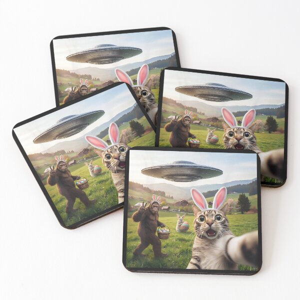 Item preview, Funny Cat Selfie with Easter Bunny Bigfoot UFO designed and sold by Achkalona.