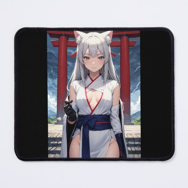 Item preview, Stormy Kitsune Shrine Maiden Anime Girl - Silver Hair White Kimono Poster designed and sold by iloveanimechibi.