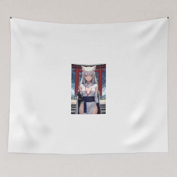 Item preview, Stormy Kitsune Shrine Maiden Anime Girl - Silver Hair White Kimono Poster designed and sold by iloveanimechibi.