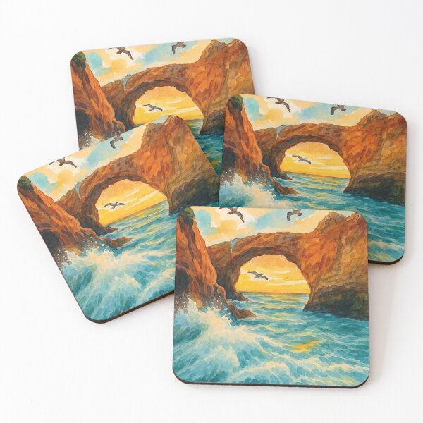 Item preview, Sunlit Sea Arch – Coastal Watercolor with Ocean Waves and Cliffs designed and sold by AngelPetal.